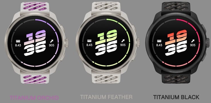 O smartwatch Suunto Race 3S está disponível em Titanium Orchid, Titanium Feather e Titanium Black.