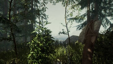 Uma imagem que mostra uma paisagem e um barco em “The Forest”.