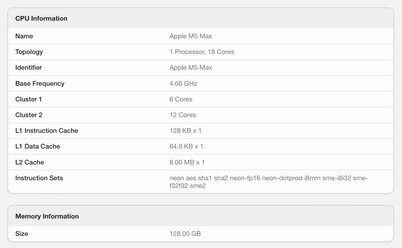 Detalhes da listagem do Geekbench.