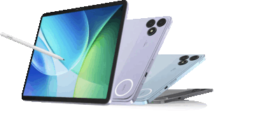 Tablet Blackview Zeno 6 com uma caneta stylus, apresentado ao lado de painéis traseiros roxo, azul e cinzento.