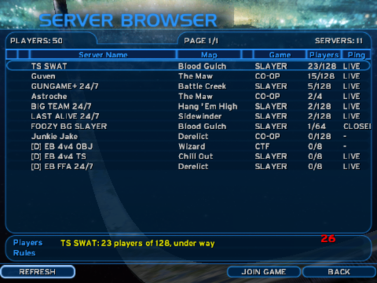 O port nativo de Halo CE inclui um navegador de servidores públicos para entrar em partidas multijogador online.