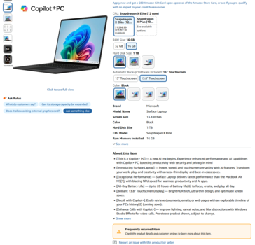 Listagem do Microsof Surface Laptop 7 na Amazon (fonte da imagem: Amazon)
