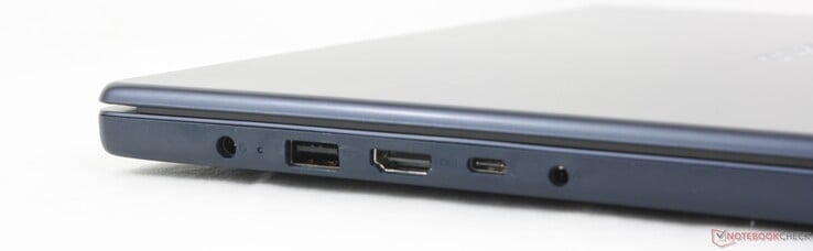 Esquerda: Adaptador CA, USB-A (5 Gbps), HDMI 1.4, USB-C (5 Gbps) com Power Delivery 3.0 + DisplayPort 1.2, fone de ouvido de 3,5 mm