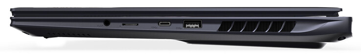Lado direito: combo de áudio, leitor de cartão de memória (MicroSD), USB 3.2 Gen 2 (USB-C; DisplayPort), USB 3.2 Gen 2 (USB-A)