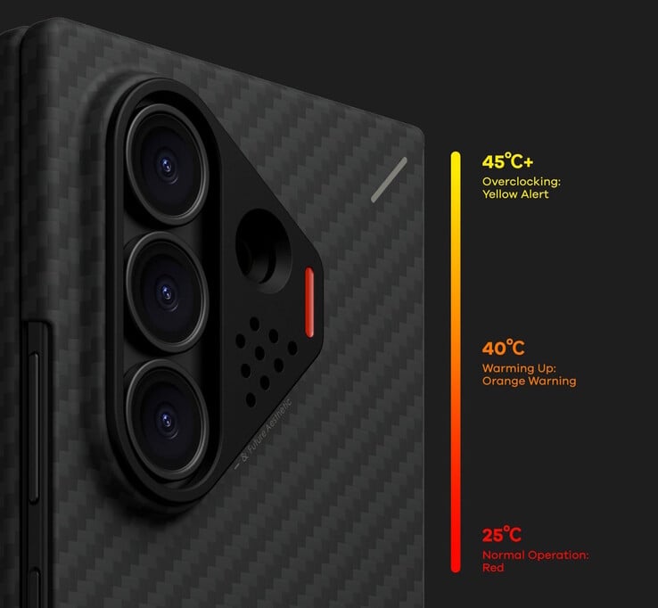 Uma faixa integrada que muda de cor permite que os usuários monitorem a temperatura de seus telefones.