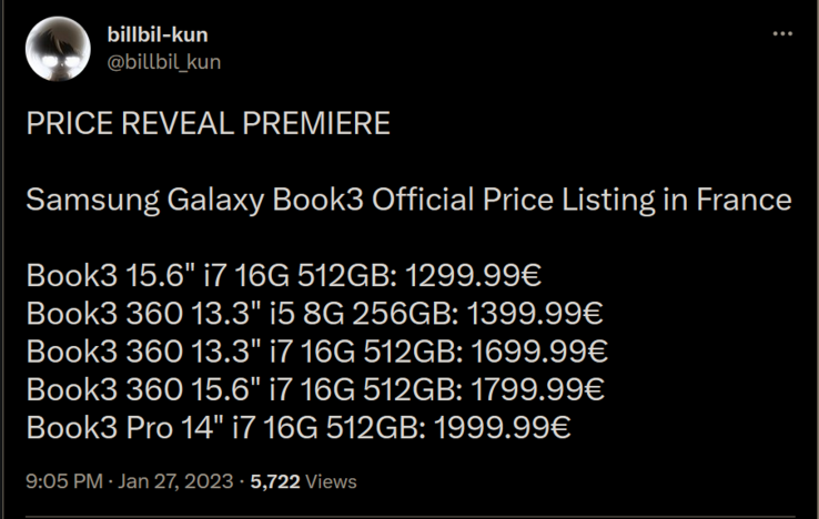 Galaxy Preços da série Book3 (imagem via Bilibilikun no Twitter)