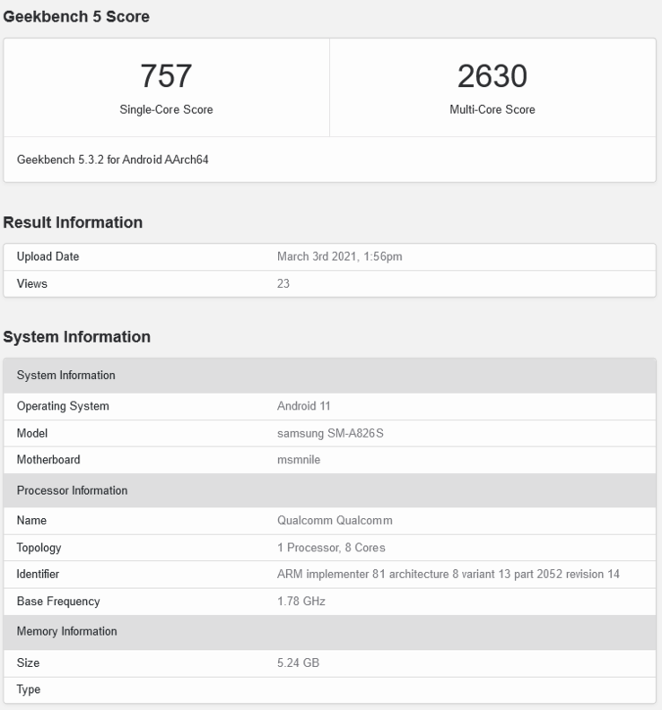 Samsung Galaxy A82 no Geekbench (imagem via Geekbench)