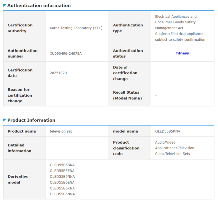 Uma captura de tela da recente listagem no banco de dados da Safety Korea com os números dos modelos de TV LG B5 e B6. (Fonte da imagem: LG)