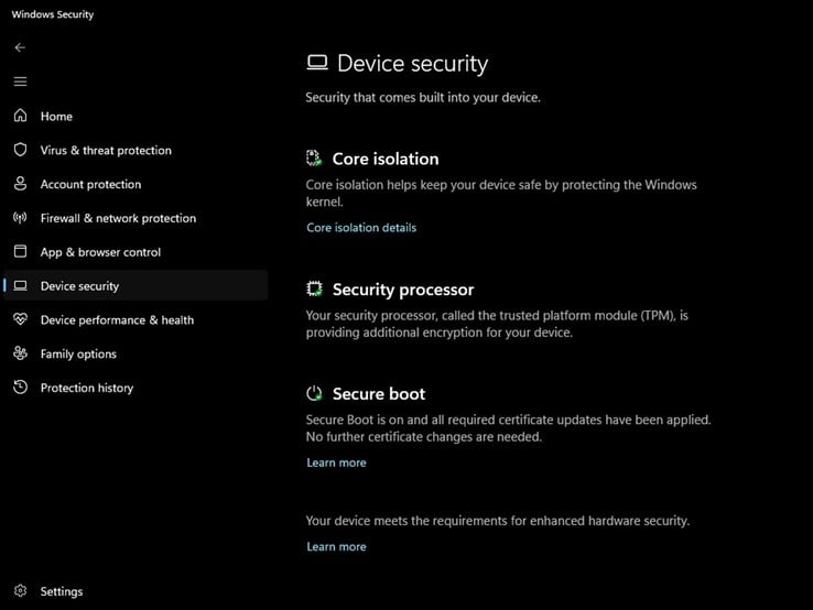 A página “Segurança do dispositivo” no aplicativo Segurança do Windows exibe o indicador oficial de status verde.
