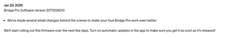 As notas de versão do software Philips Hue Bridge Pro versão 2071209010 (idêntico à atualização do Hue Bridge v2). (Fonte da imagem: Captura de tela da página de suporte do Philips Hue)