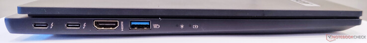 Esquerda: 2x Thunderbolt 4, saída HDMI, USB 3.2 Gen2 Tipo A, LED de Liga Liga, LED de Bateria