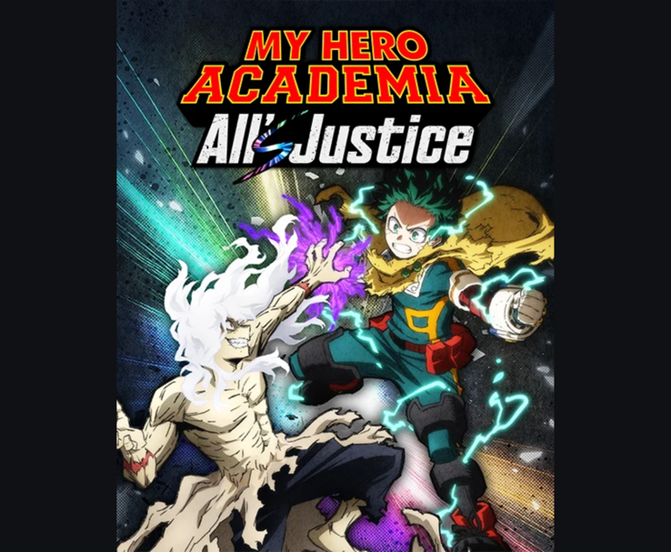 Visual principal de My Hero Academia: All's Justice mostrando Izuku Midoriya lutando contra Tomura Shigaraki com efeitos de energia. (Fonte: Bandai Namco)