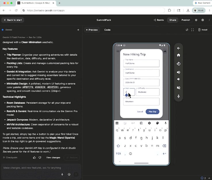 Os aplicativos Gemini AI Studio codificados pelo Vibe podem ser executados no emulador de telefone on-line Android ou instalados em telefones locais para teste.