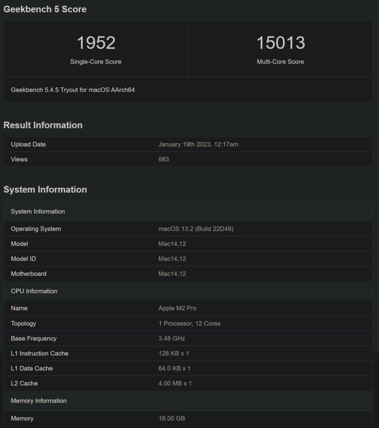 Apple Listagem M2 Pro Geekbench (imagem via Geekbench)