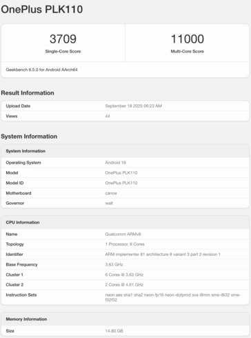 O OnePlus 15 com Snapdragon 8 Elite Gen 5 aparece no Geekbench. (Fonte da imagem: Geekbench)