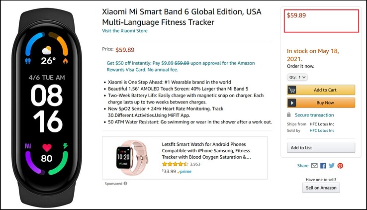 Xiaomi Mi Smart Band 6 Global Edition. (Fonte da imagem: Amazon)
