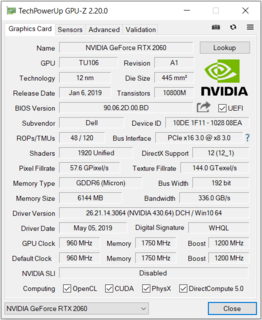 GeForce RTX 2060 GPU-Z tirado da Dell G5 15 5590