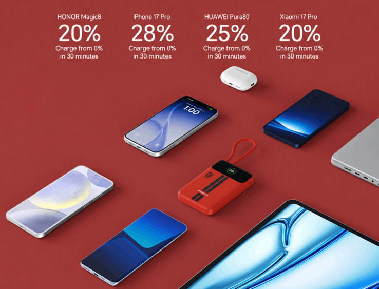 Carregador portátil Honor Life mostrado ao lado de smartphones, fones de ouvido sem fio e um laptop