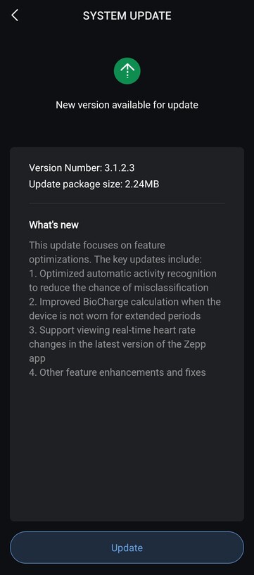 As notas de lançamento da versão 3.1.2.3 do software para o Amazfit Helio Strap. (Fonte da imagem: u/FluffyMousse6975 via Reddit)