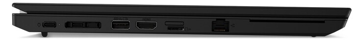 Lado esquerdo: 1x USB-C 3.2 Gen1 (conexão de energia), 1x Thunderbolt 4, porta de acoplamento, 1x USB-A 3.2 Gen1, HDMI, leitor de cartões microSD, GigabitLAN, leitor de cartões smartcard