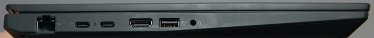 Conexões à esquerda: 1 Gigabit LAN, USB4 (40 Gbit/s, DP), USB-C (10 Gbit/s), HDMI, USB-A (5 Gbit/s), fone de ouvido