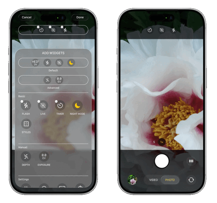 O aplicativo Câmera do iOS 27 deverá ser redesenhado para ser totalmente personalizável com uma série de opções de controle (à esquerda), enquanto a interface principal para tirar fotos deverá colocar os controles na parte superior central.