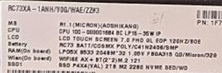 Especificações do ROG Ally 2 RC73XA. (Fonte da imagem: via @94G8LA)