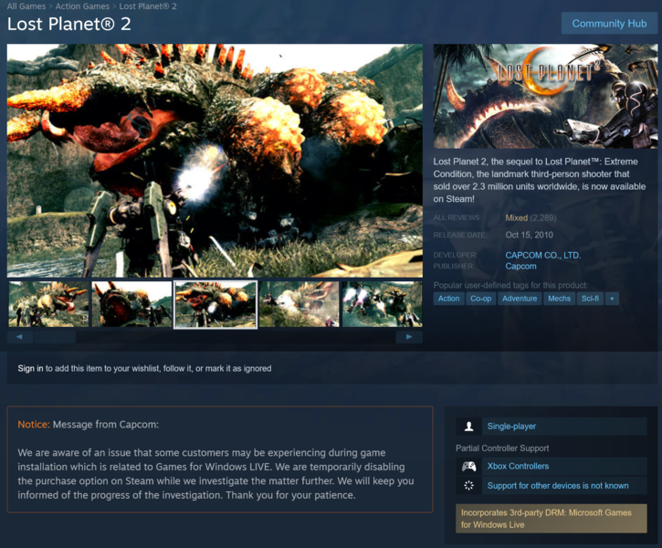 Página do Steam de Lost Planet 2 com atualização da Capcom sobre o multiplayer (Fonte da imagem: Steam)