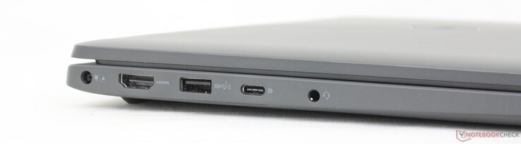 Esquerda: Adaptador CA proprietário, HDMI 1.4, USB-A 3.2 Gen. 1, USB-C 3.2 Gen. 2 com DisplayPort 1.4 + Power Delivery, fone de ouvido de 3,5 mm