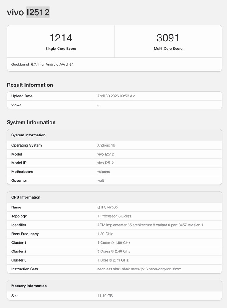 Listagem do Geekbench do iQoo Z11.