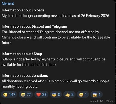 Os uploads para o Myrient não serão mais possíveis.