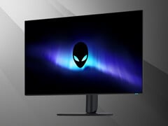 Vista frontal do monitor Alienware AW3226Q de 32 polegadas com tela OLED 4K, mostrada em ângulo