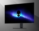 Vista frontal do monitor Alienware AW3226Q de 32 polegadas com tela OLED 4K, mostrada em ângulo