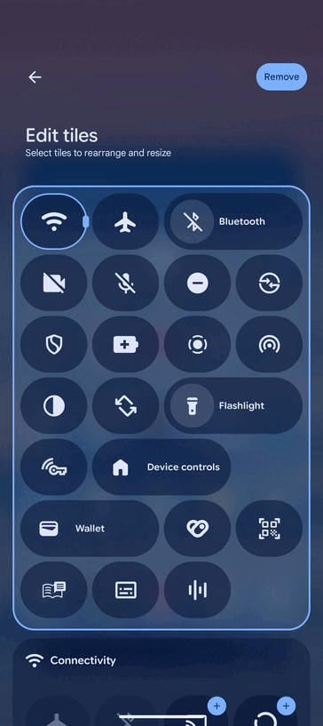 Ajuste de alinhamento na tela Edit tiles do Quick Settings (Fonte da imagem: 9to5Google)