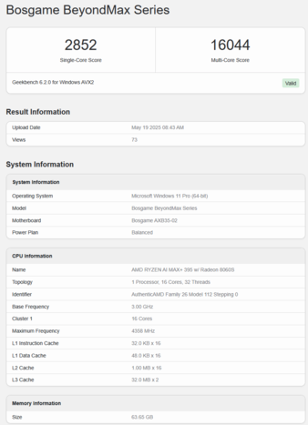 Bosgame M5 AI Mini Desktop no Geekbench (fonte da imagem: Geekbench)