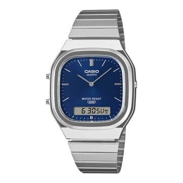 Relógio retrô analógico-digital Casio AQ-240E-2A2 com mostrador azul com efeito sunburst, caixa na cor prata e pulseira de aço inoxidável.