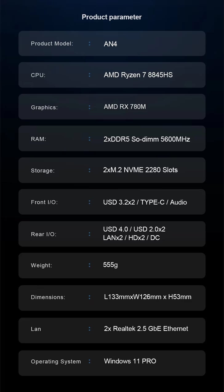 Especificações completas do mini PC (Fonte da imagem: Chatreey)