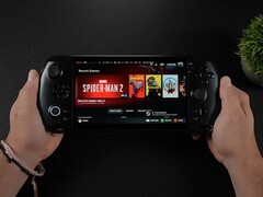 PC para jogos portátil GPD Win 5 executando o SteamOS, exibindo Marvel's Spider-Man 2 e outros jogos recentes na tela. (Fonte da imagem: ETA Prime via YouTube)