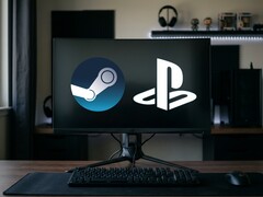 Logotipos do Steam e do PlayStation exibidos no monitor do PC