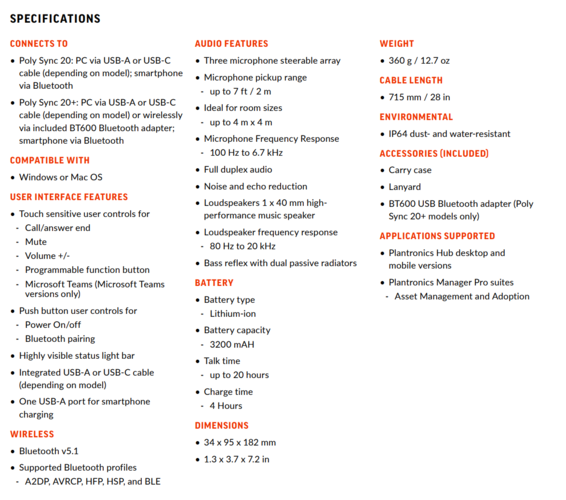 Poly Sync 20 - Especificações. (Fonte: Poly)