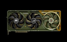 A ROG Astral GeForce RTX 5080 vem em verde e dourado, como a roupa do Doom Slayer. (Fonte da imagem: Asus/Bethesda