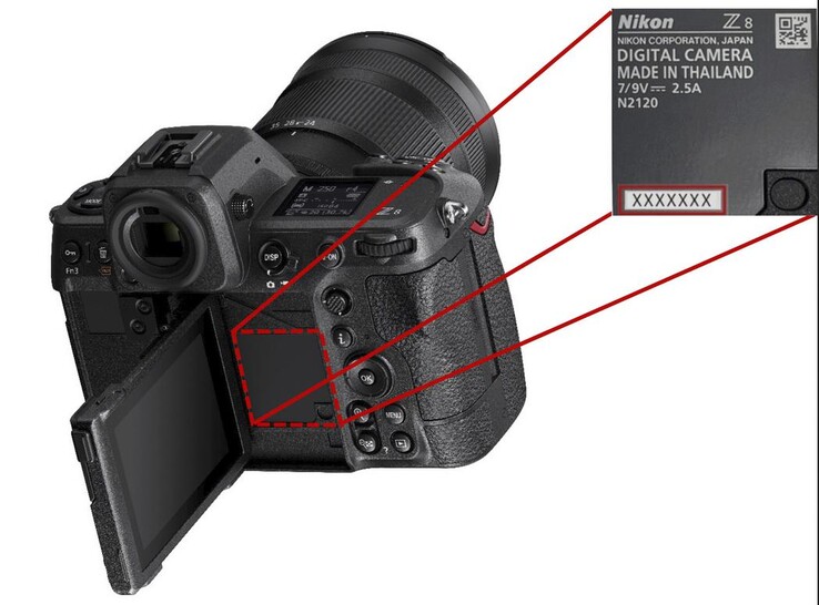 O aviso de serviço da Nikon oferece orientação sobre onde encontrar o número de série no corpo da câmera Z8. (Fonte da imagem: Nikon)