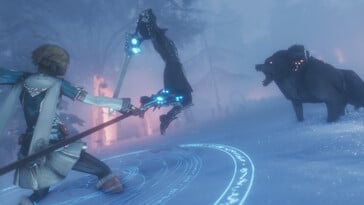 Uma imagem mostrando uma batalha contra um urso em Edge of Eternity.