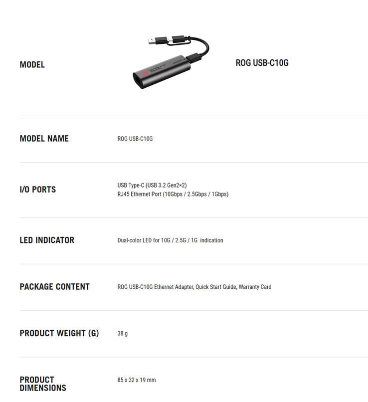 Especificações completas do ROG USB-C10G