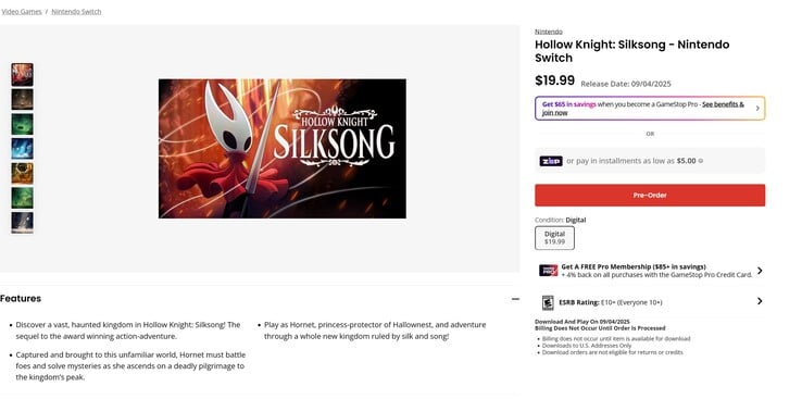 Hollow Knight: Silksong GameStop listagem de pré-venda do Switch (Fonte da imagem: captura de tela, GameStop)