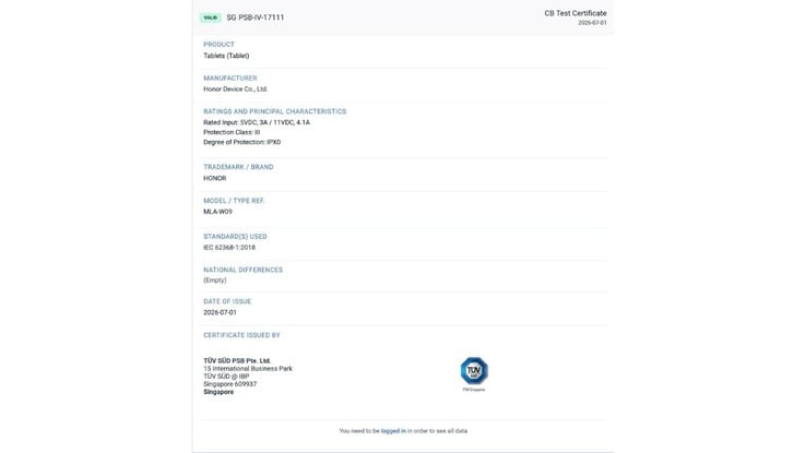 Certificação da TÜV SÜD para o Honor Pad 20 Pro.