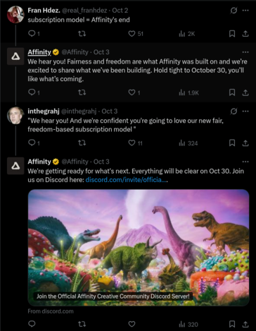 Resposta da Affinity aos usuários que perguntaram sobre um novo modelo de preços. (Fonte da imagem: Affinity on X)