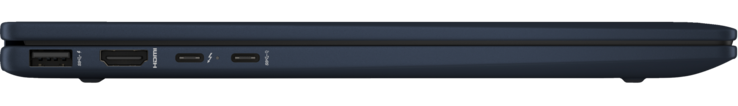 Esquerda: USB 3.1 Gen 2 Tipo A, saída HDMI 2.1, Thunderbolt 4 (com saída DisplayPort 2.1 e fornecimento de energia), USB 3.1 Gen 2 Tipo C (com saída DisplayPort 2.1 e fornecimento de energia)