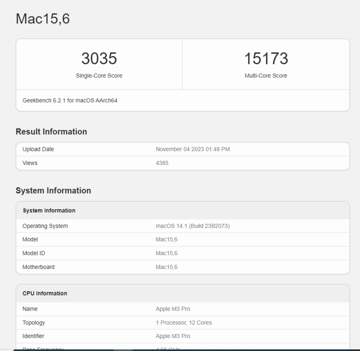 O M3 Pro é apenas 6% mais rápido que o M2 Pro no teste de CPU multi-core do Geekbench 6. (Fonte: Geekbench)