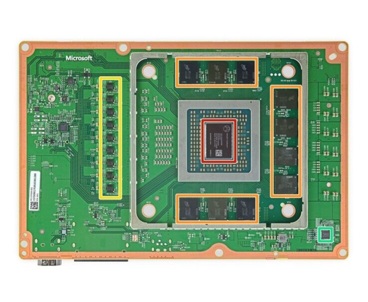 Placa-mãe do Xbox Series X mostrando a APU AMD no centro (Fonte da imagem: iFixit)
